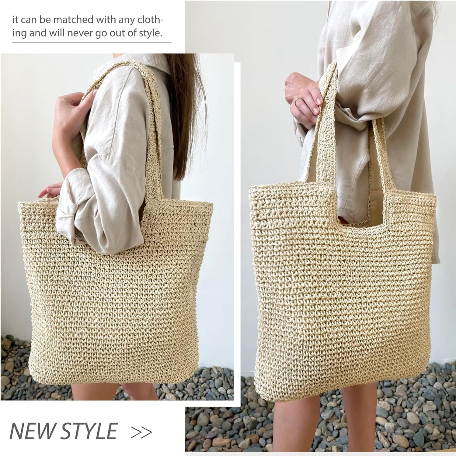 Gocvo Straw Beach Bag for Women Summer Woven Beach Tote Bag Shoulder Handbags Boho Bag