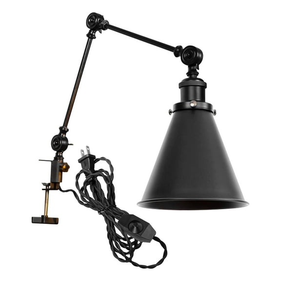 Kiven Dimmable Clamp Lamp, 1-Light Aluminum Nightstand Lamp with Flexible Swing Arm, 8.2FT Plug in Cord, Industrial Decorative Clip-on Desk Lamp for Bookshelf Office Bedside,Black