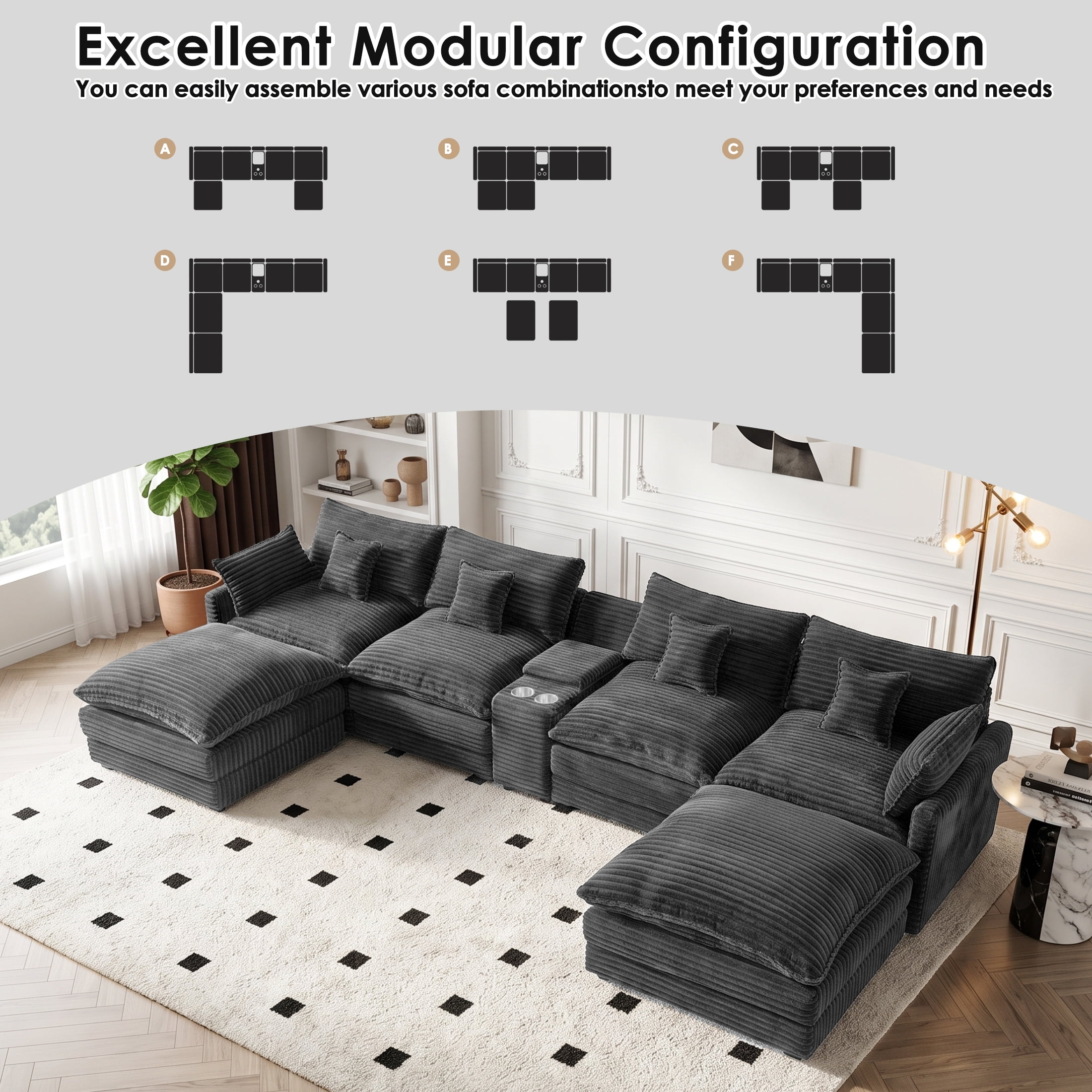 Wakefit 141" U Shaped Sectional Couch, Oversized Modular Sectional Sofa, 5 Seater Corduroy Cloud Couch with Hidden Storage, USB Ports & Cup Holders for Living Room, Dark Gray