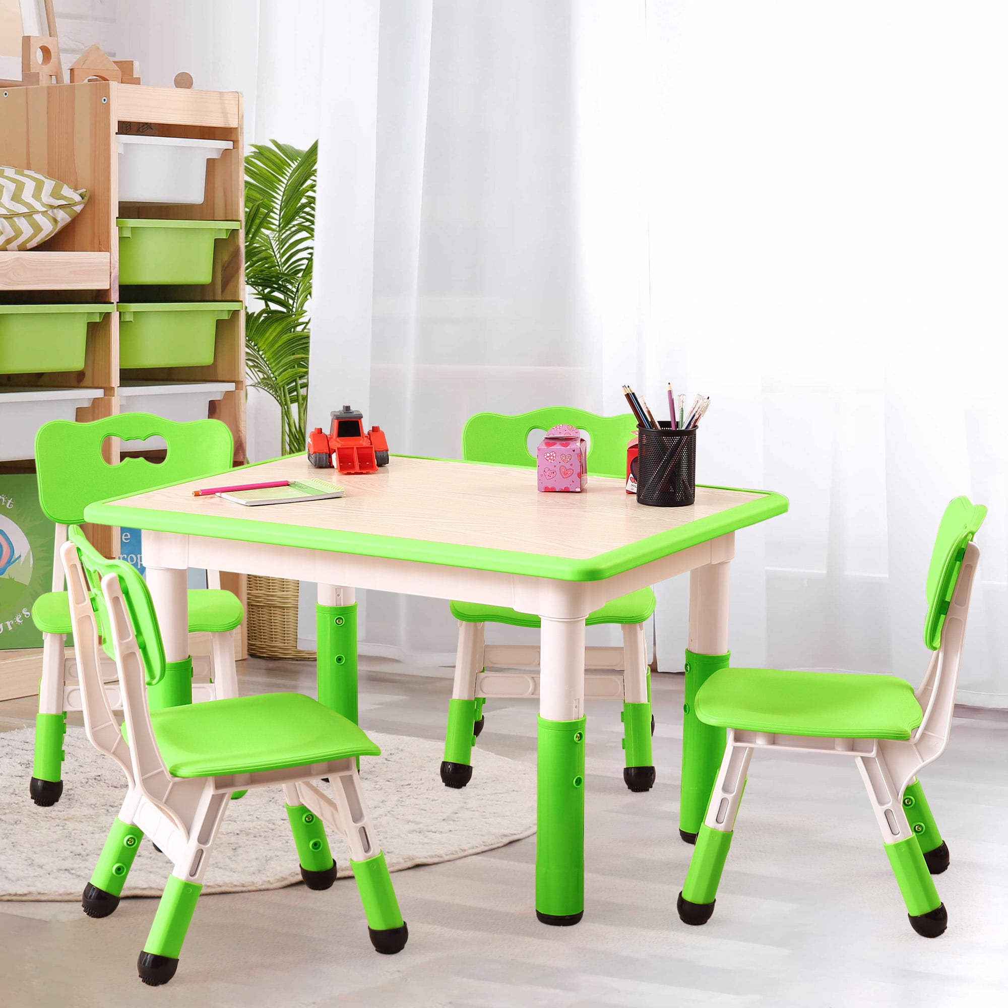 Toddler Table and Chair Set, Height Adjustable Kids Table and Chair Set of 4, Toddler Table for Reading, Drawing, Eating, for Ages Over 3, Green