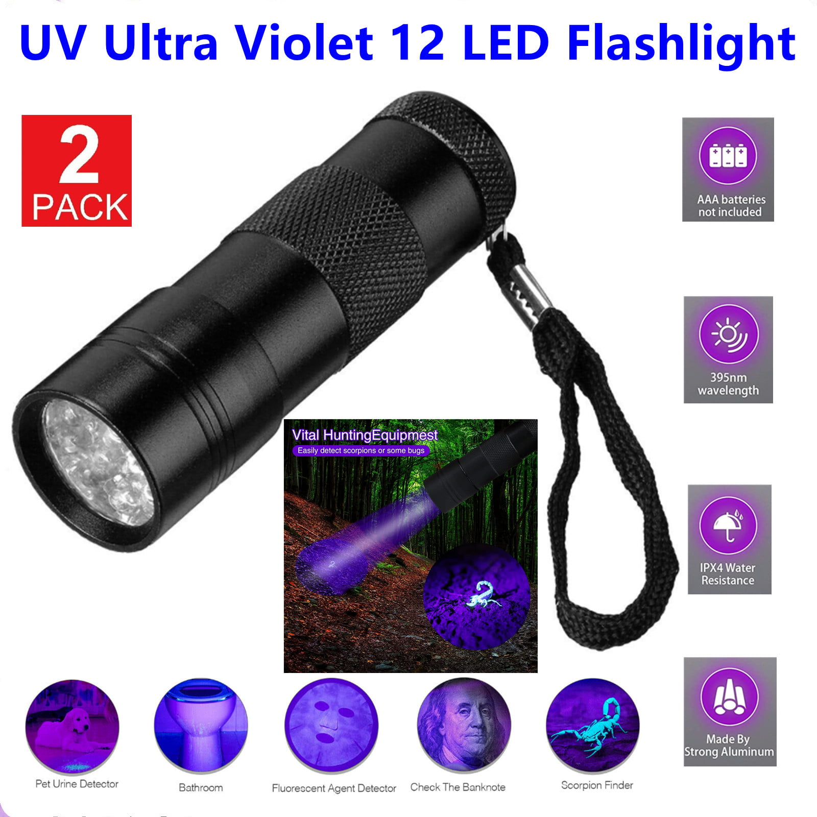 2PC UV Ultra Violet 12 LED Flashlight Mini Blacklight Aluminum Torch Light 395nM 