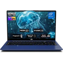 15.6" FHD IPS 2025 Business Laptop Computer Windows 11 16GB RAM 512GB SSD,4 Cores 13th Gen Intel N150(Up to 3.6GHz) 65W Type C Fingerprint Numpad Backlit Keyboard WiFi 6