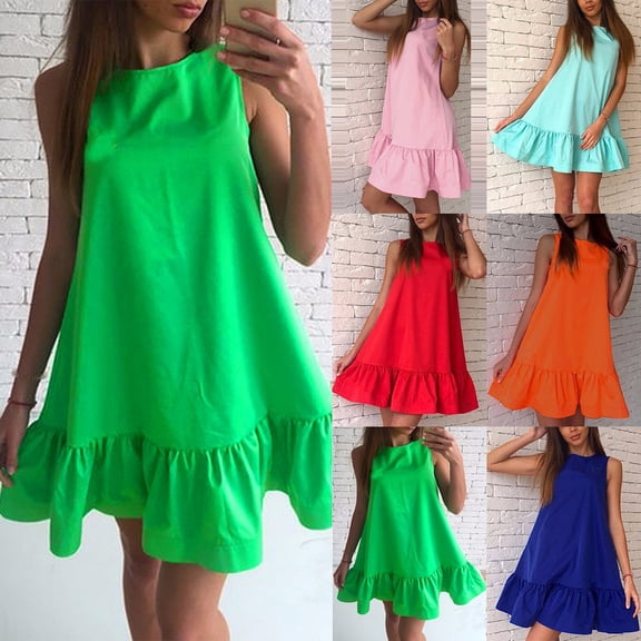 FRSASU Pleated Soft Sleeveless Dress for Womens Vest Casual Crew-Neck Hem Summer Party Cocktail Gatherings formal Dresses Red