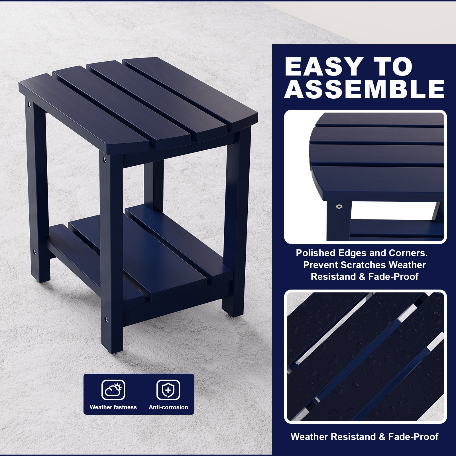 Indoor Outdoor Mid-Century Weather-Resistant Pine Wood Rectangle End Table, Navy Blue (2PCS)