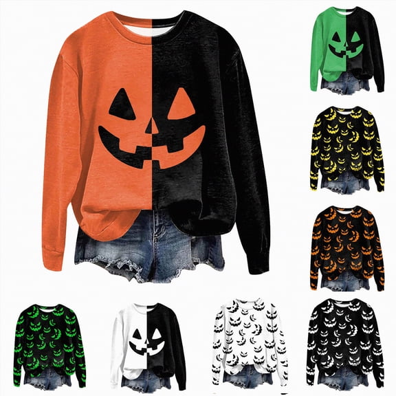 Towmus Women's Halloween Shirts Casual Long Sleeve Funny Face Pumpkin Shirts