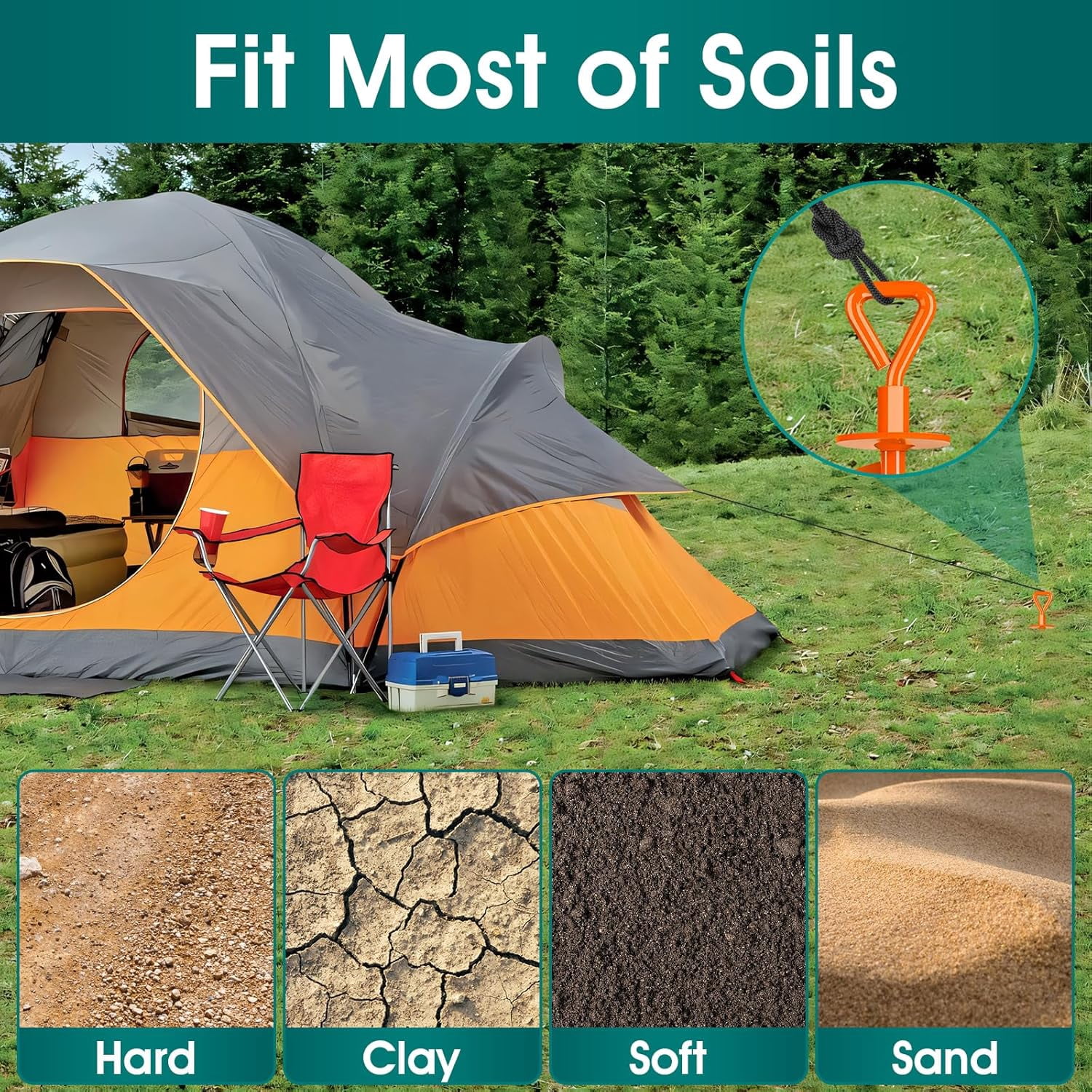 Heavy Duty Ground Anchors Screw in - 8 Pack Orange  Stakes for Tent Trampoline Gazebo High Wind Stability