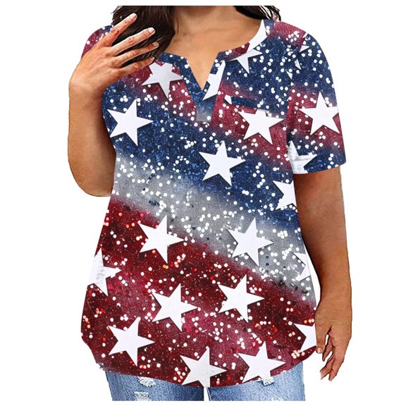 Goodtrade8 American Flag T Shirts for Women Graphic Summer Pullover Red White and Blue Short Sleeve Plus Size , Red White and Blue Casual Independence Day 4th of July Juniors Tops V-Neck