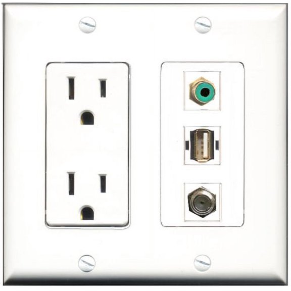 RiteAV - 15 Amp Power Outlet 1 Port RCA Green 1 Port Coax 1 Port USB A-A Decorative Wall Plate
