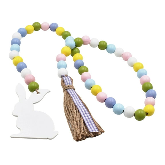 HOMEMAXS Easter Wood Bead Garland Hanging Garlands Easter Wooden Farmhouse Beads Garland with Rabbit Tag