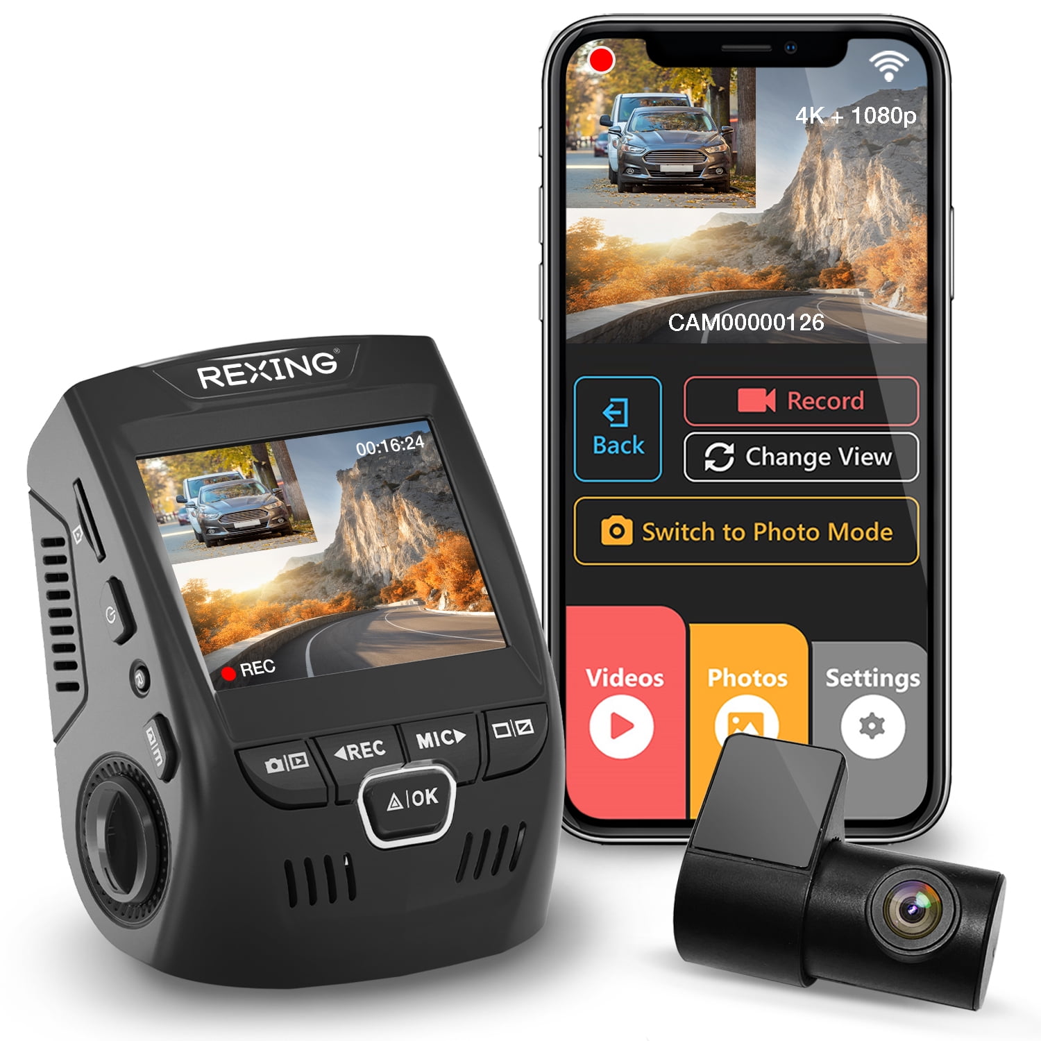 Rexing V1P 4K LCD 2160p Front 1080p Rear Wi-Fi 170° Wide
