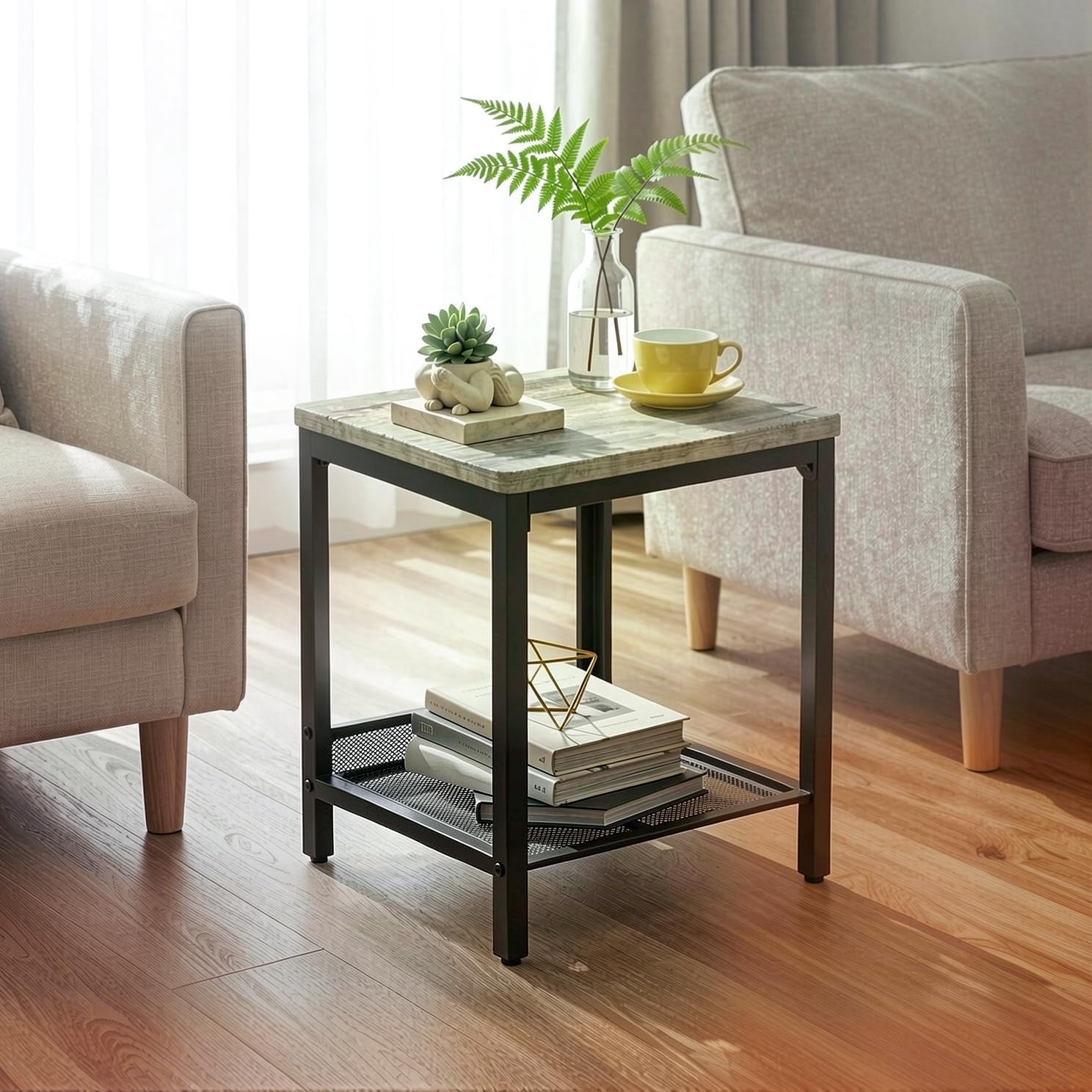 Lamerge Coffee Table Set of 3, Industrial Coffee Table with 2 Square End Side Tables, Modern Living Room Table Set with Metal Frame for Apartment Home Office, Grey