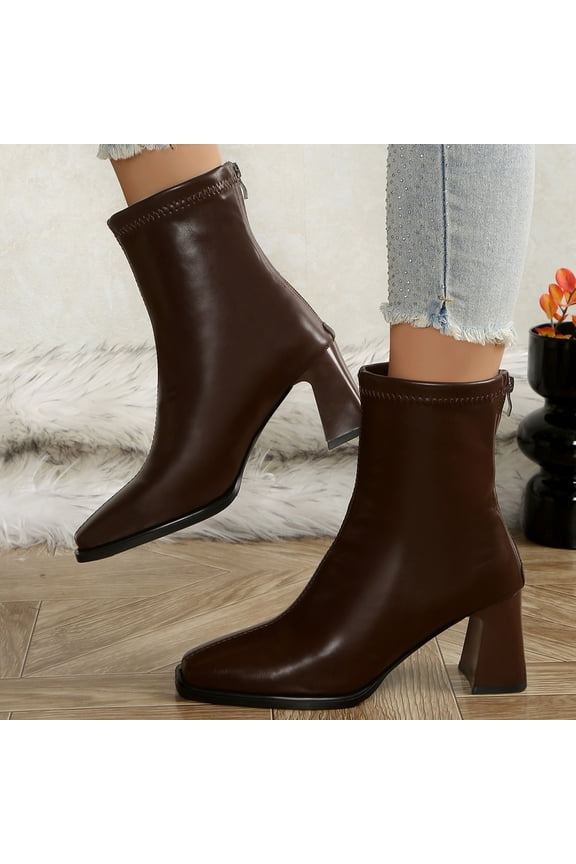Women Elegant Platform Boots Chunky Heel Pumps Shoes Fall Winter Casual Booties Brown 7.5(40)