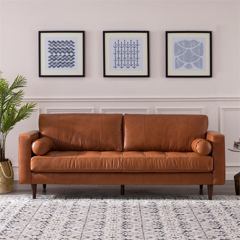 Maklaine MidCentury Modern Leather Sofa in Camel