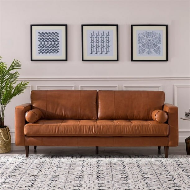 Maklaine Midcentury Modern Leather Sofa, Camel Leather Couch