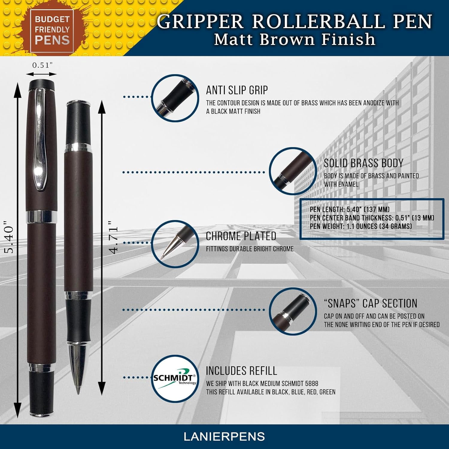 Gripper Rollerball Pen - Matt Brown with Anti Slip Grip (Budget Friendly Pen)