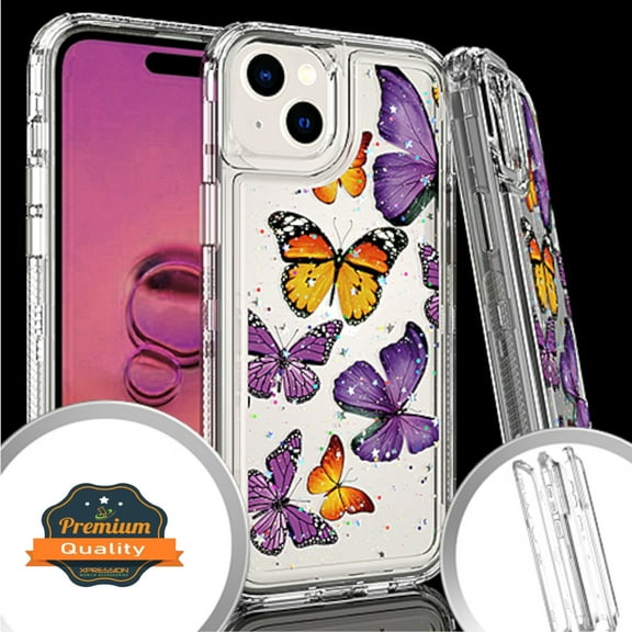 Xpression Cover for Apple iPhone 15 Pro Max (6.7") Heavy Duty Design Fashion Image Clear 3 in 1 Hybrid Shockproof Full Edge PC Front Frame Bumper Phone Case - Butterfly Purple