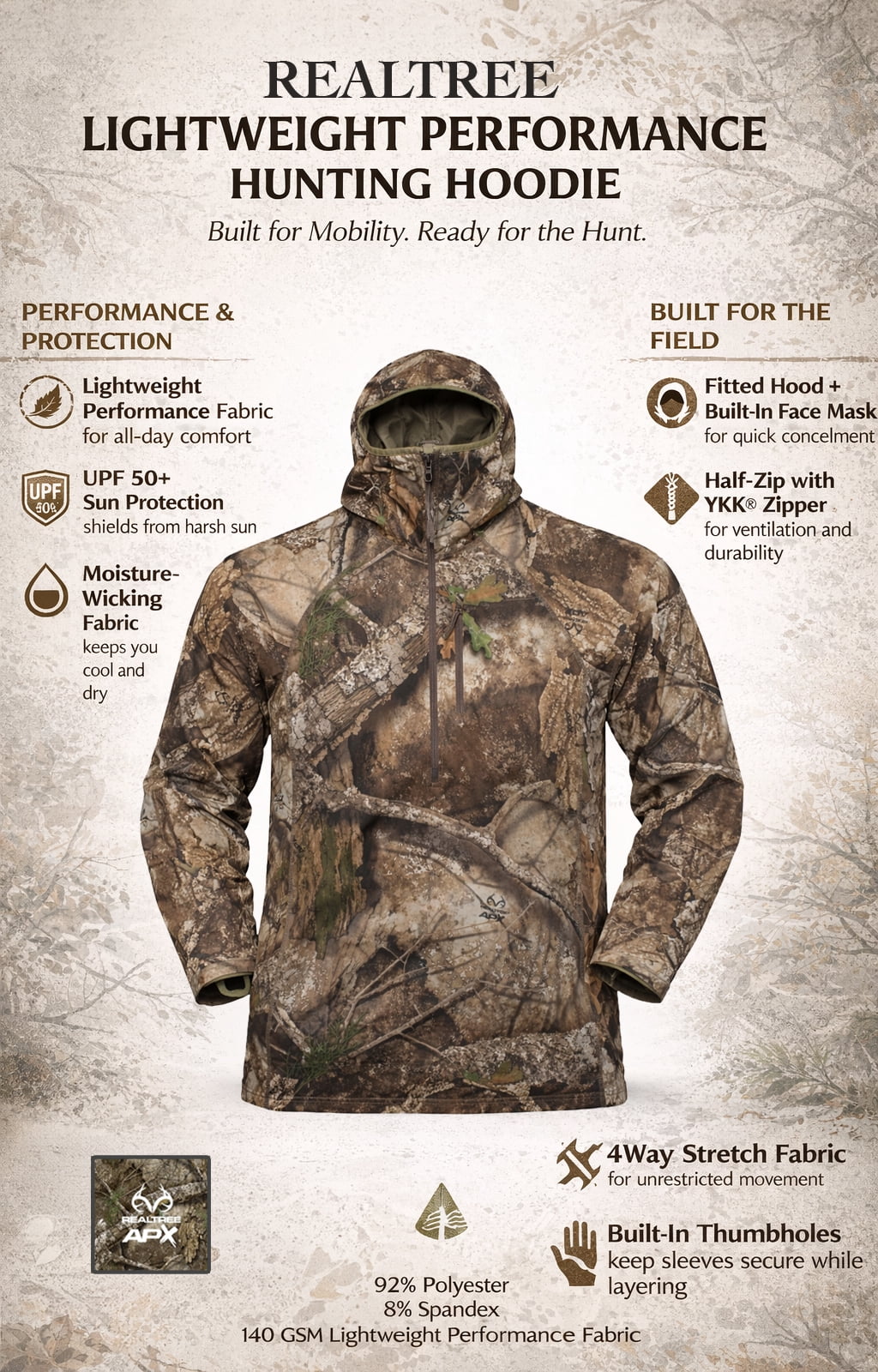 Realtree Men's Camo 1/2-Zip Hunting Pullover with Hood & Face Mask