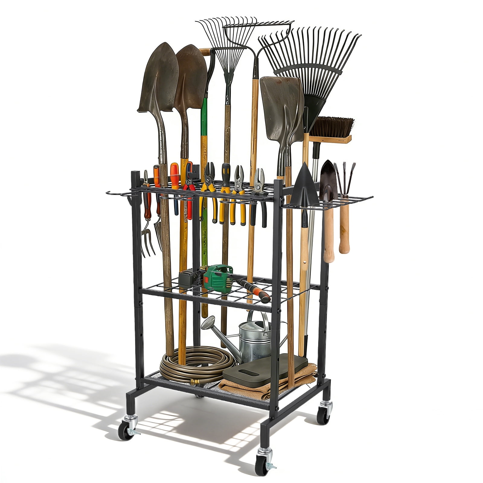 RELOIVE Garden Tool Organizer with Wheels, Metal Yard Tool Rack with Hooks for Garage Storage,Heavy-Duty Storage Holder for Yard Backyard