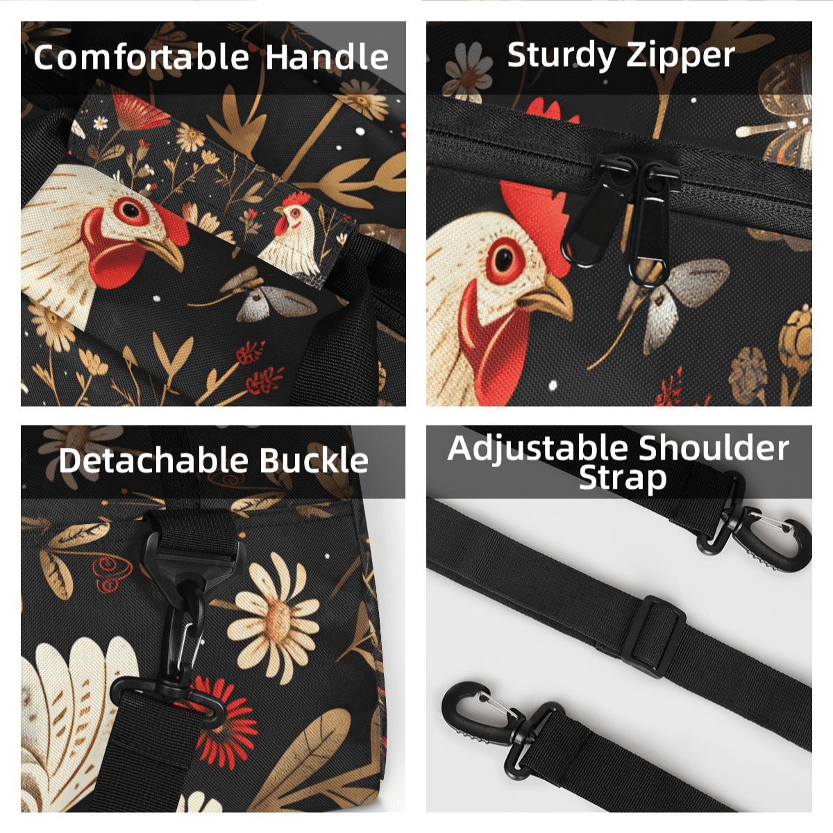 Herdesigns Sports Duffle Bags Travel Duffle Bag Gym Bag Farmhouse Floral Chicken Weekender Travel Bag Waterproof Overnight Bag Carry On Travel Tote Bag Dance Bags