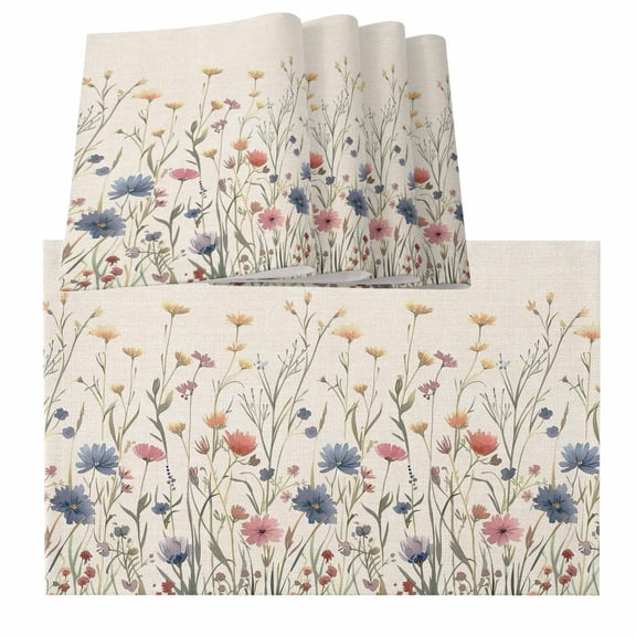 Spring Floral Placemats for Dinning Table Set of 6, Watercolor Rustic Summer Botanical Burlap Kitchen Place Mats Waterproof Cloth Table Mats, Indoor Outdoor Placemats Easy Clean Dinner Decor