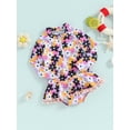 thumbnail image 3 of FEORJGP Little Girls Summer Swimwear Beachwear 1-6Y Kids Onepiece Swimsuit Long Sleeve Jumpsuit Crewneck Rompers Bobble Decor Zip Up Floral Bathing Suit, 3 of 9