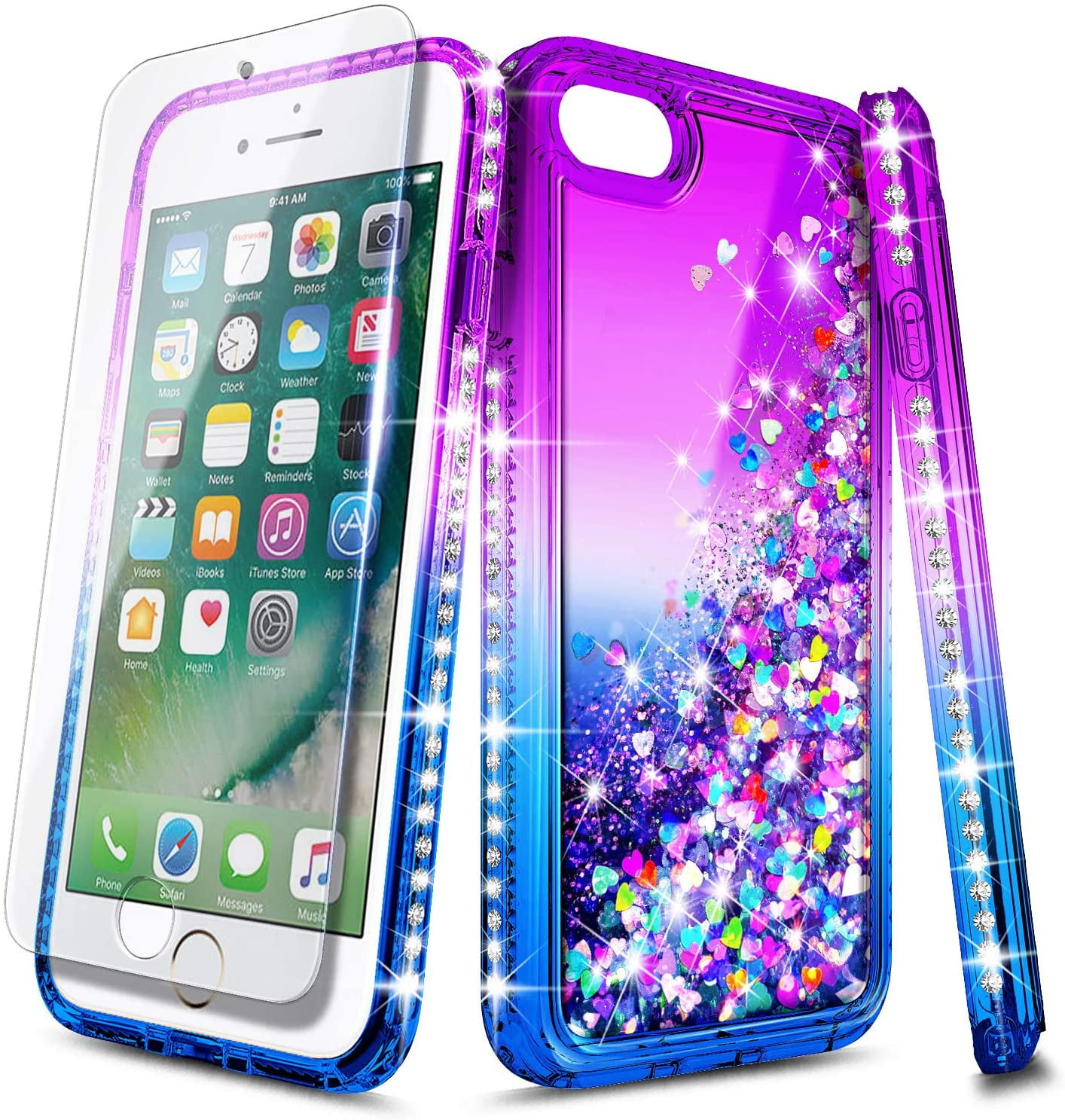 Case for iPhone 6S Plus, iPhone 6 Plus with Tempered Glass Screen Protector, Glitter Liquid Waterfall Floating Girls Women Kids Cute Phone Case (Purple/Blue) - Walmart.com
