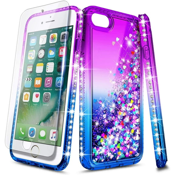 Nagebee Case for iPhone 6S Plus, iPhone 6 Plus with Tempered Glass Screen Protector, Glitter Liquid Waterfall Floating Durable Girls Women Kids Cute Phone Case (Purple/Blue)