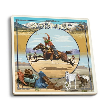 

Wyoming Rodeo Cowboy Montage (Absorbent Ceramic Coasters Set of 4 Matching Images Cork Back Kitchen Table Decor)