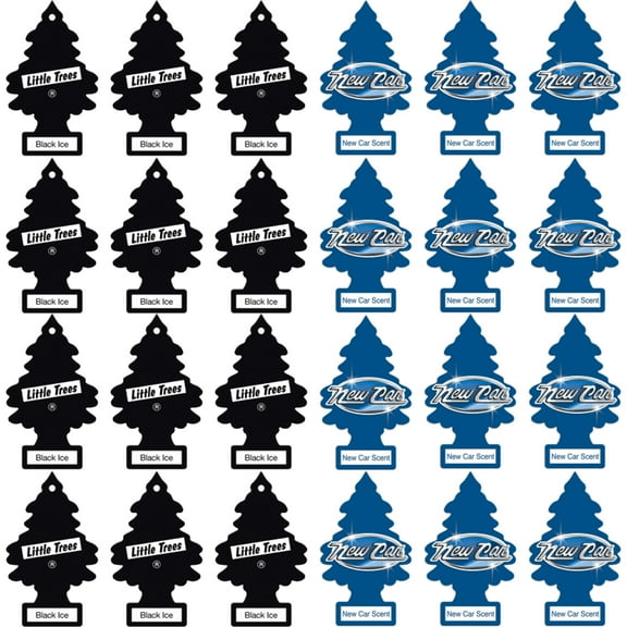 Pack of 24 Little Trees Car Air Fresheners, 12 Black Ice and 12 New Car Scent Hanging Automative Fragrances