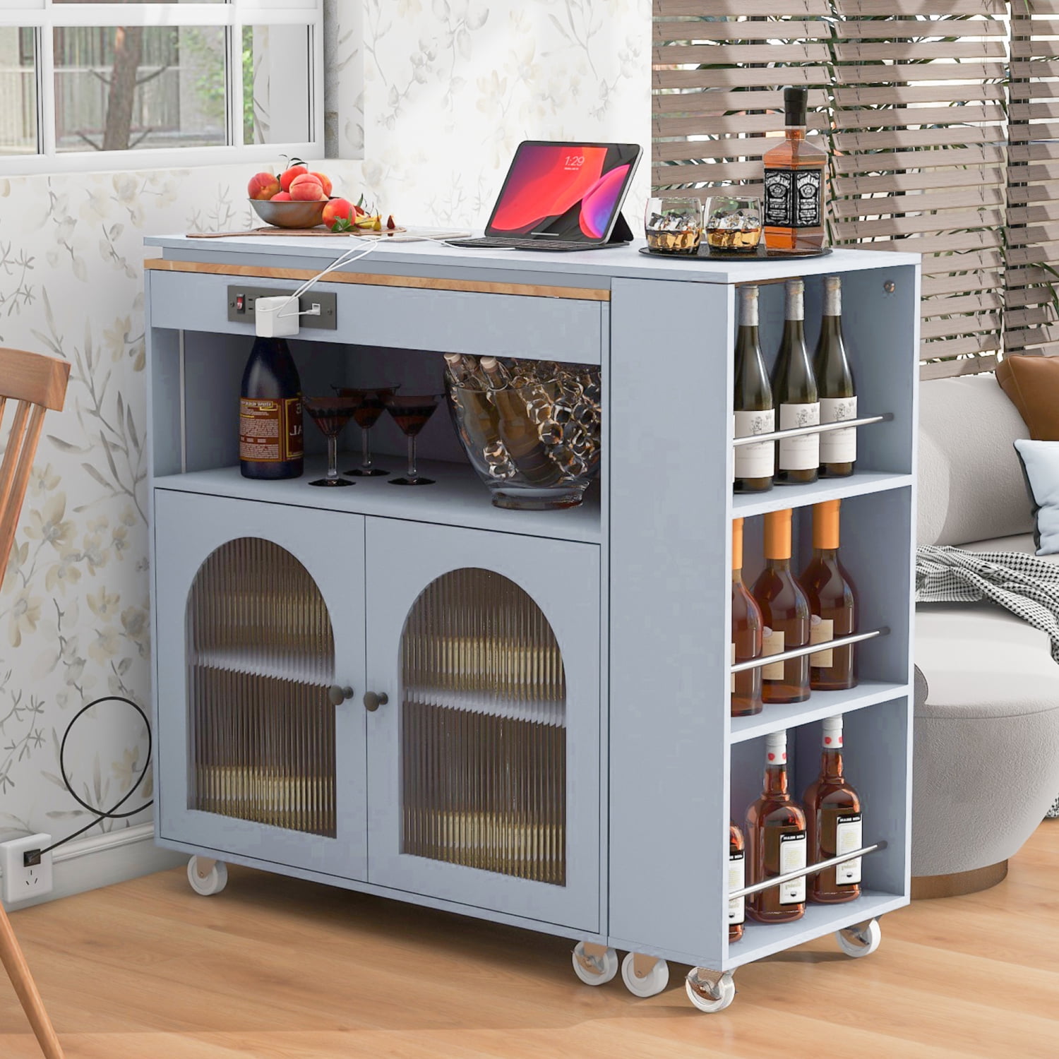 Harper & Bright Designs Rolling Kitchen Island With Extended Table, Kitchen Island on Wheels with LED Lights, Power Outlets and 2 Fluted Glass Doors, Kitchen Island with Storage Shelves, Grey-Blue