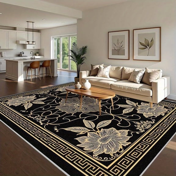 1PC Greek Key Pattern Black and Gold Area Carpet Local Carpet, Lightweight Washable Easy-to-Manage Carpet Floor Mat Festival Gift, Suitable for Living Room, Bedroom, Office, Balcony, Corridor, Room A