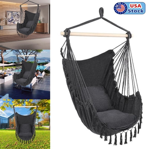Hanging Rope Chair Porch Swing Garden Patio Hammock Cotton Outdoor 2 Cushions