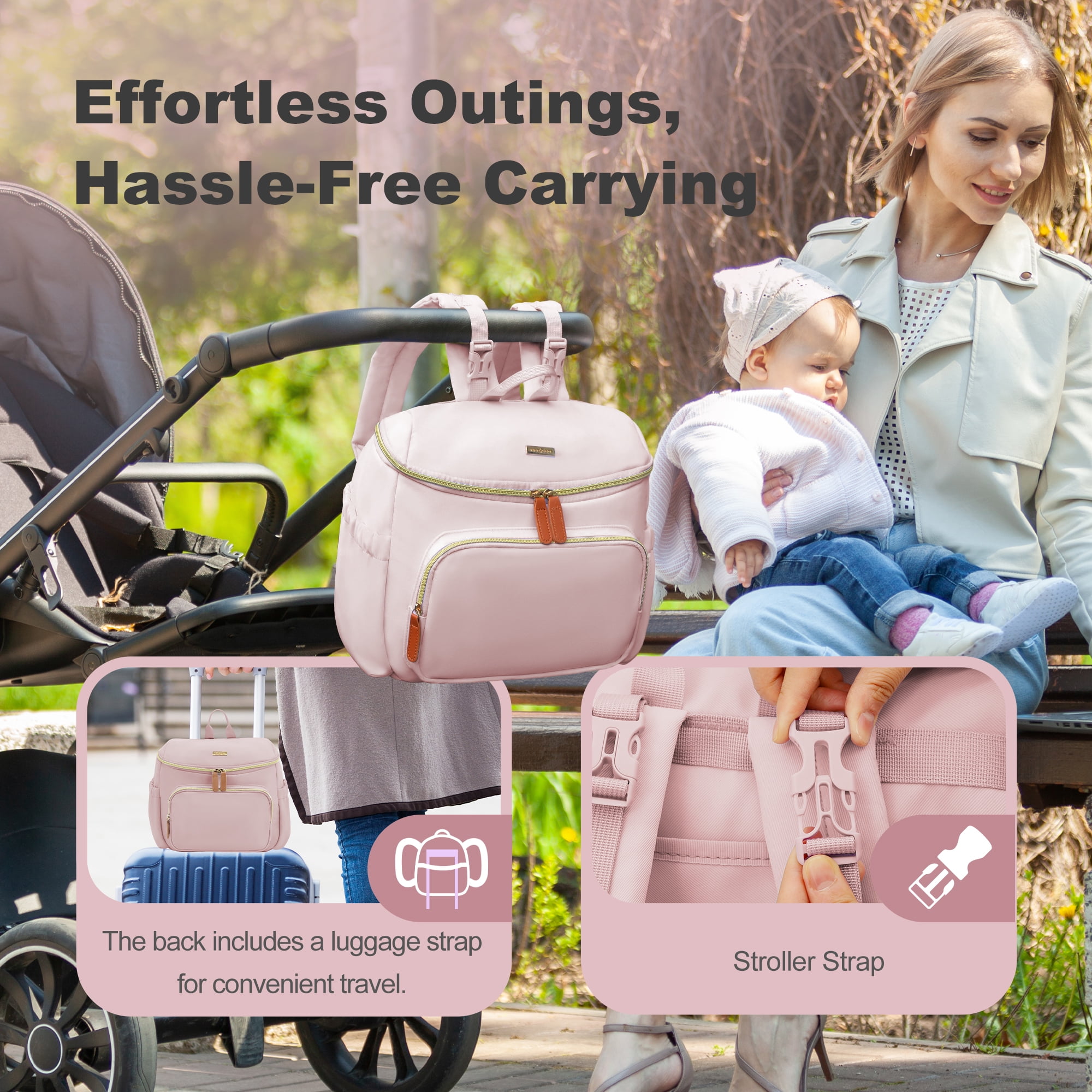 Diaper Bag Backpack, Lightweight Stylish Travel Baby Bag with Changing Pad, Pink