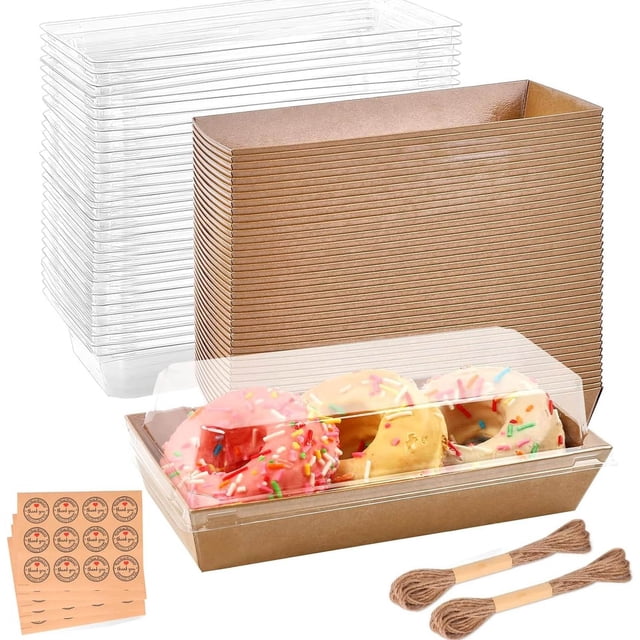 Paquete de 50 Cajas De Postre Con Tapas Transparentes,Cajas de Panadería Kraft Cajas de Charcutería,Para Galletas,Donuts,Muffins,Pastel Pequeños, Sándwiches y Pastelería