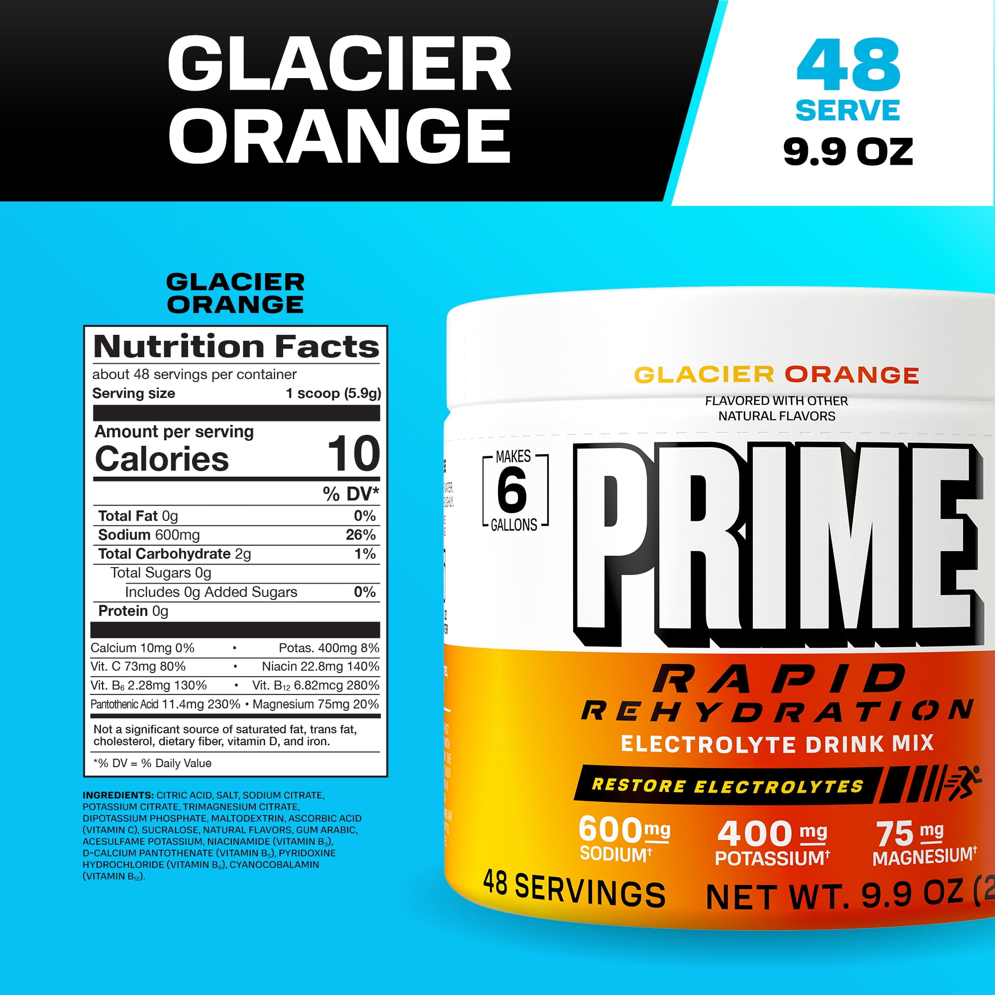 Prime Rapid Rehydration Powder, Glacier Orange, 48 srv, Tub
