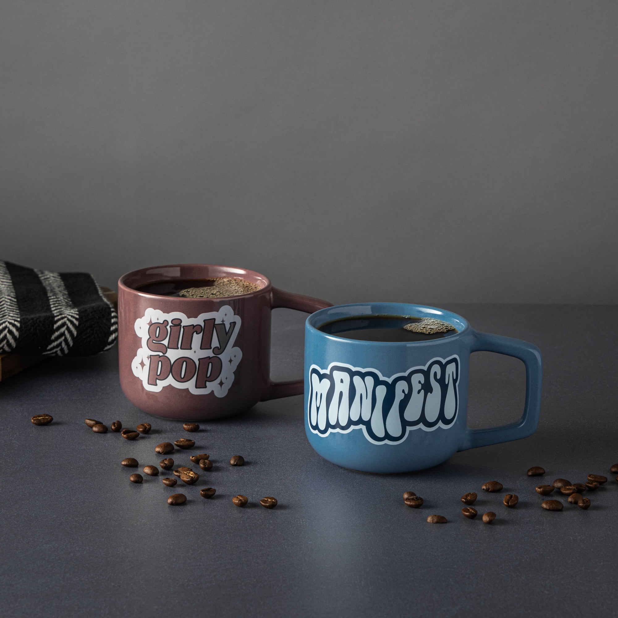 Thyme & Table 2 Pack Manifest Blue and Girly Pop Purple Mugs 13.8 fl oz, Stoneware