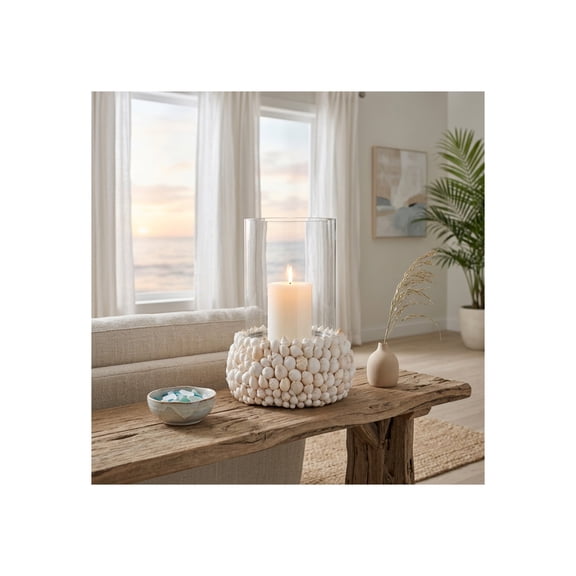 Cylinder Hurricane Candle Holder for Table Centerpiece - Coastal Shell and Glass Candlestick for Home and Living Room Decor - Contemporary Hurricane Accent for Bedroom Vanity Display - 12", White