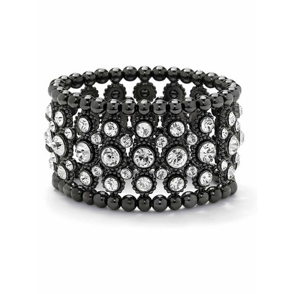 PalmBeach Jewelry Round Black Pearl Clear Crystal Black Rhodium-Plated Stretch Bracelet 7"