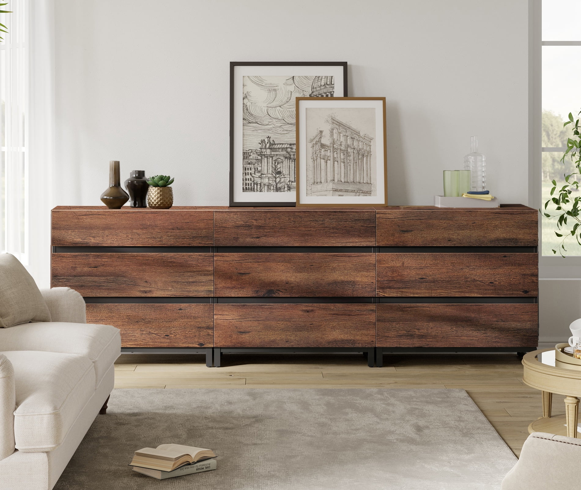 9-Drawer Modern Chest of Drawers, Wood Dresser with Concealed Handles & Metal Base, for Bedroom, Living Room, Brown
