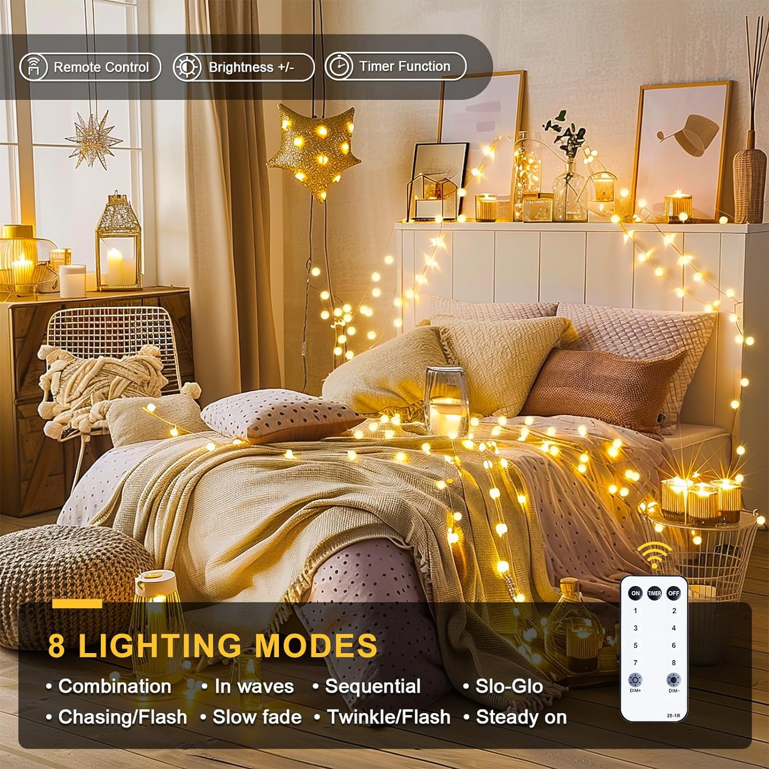 JMEXSUSS 100 LED Connectable Globe String Lights Indoor Bedroom, 33ft Warm White Christmas Lights Plug in with Remote, 8 Mode Hanging Fairy Lights Outdoor for Room Classroom Party Tree Christmas Deco