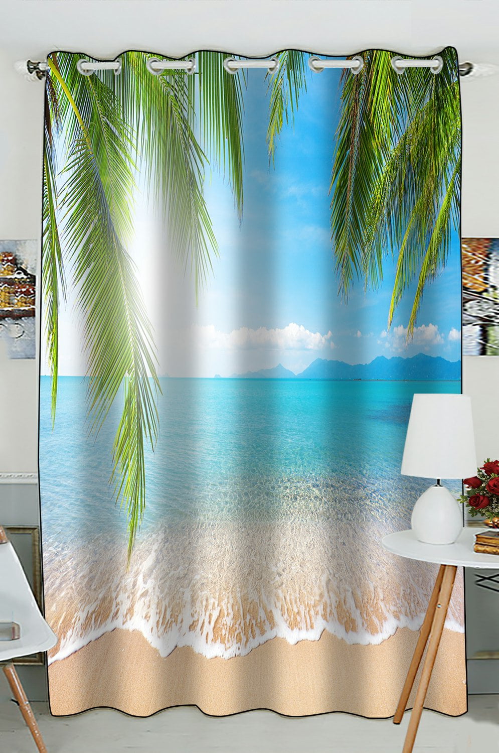 3D Tropical Sea Beach Palm Tree Scenic Printing Window Curtains Blockout Fabric 