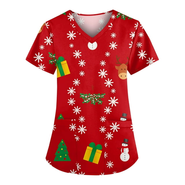 Pntutb Moda para mujer Camisetas de manga corta con cuello en V Uniforme de trabajo Estampado de Navidad con tops de blusa de bolsillo Pntutb Pntutb-1864