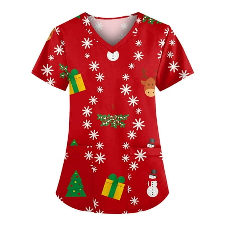 

jsaierl Women Christmas Scrub Tops Short Sleeve V-Neck Xmas Graphic Top Working T Shirts Nurse Uniform Soft Lightweight Blouse Tees with Pockets