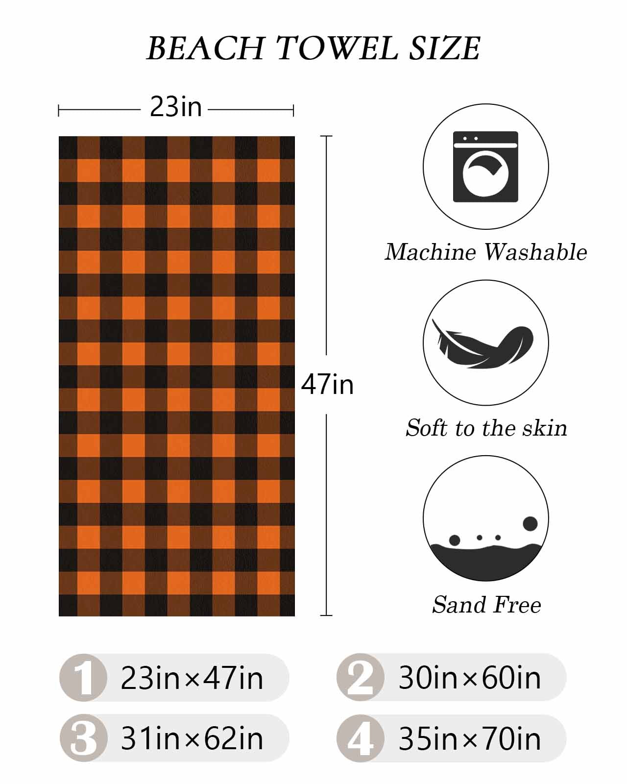 Black Orange Plaid Beach Towels Oversized Super Absorbent, Farmhouse Buffalo Check Gingham Lightweight Bath Towel Quick Dry Sets For Bathroom/Pool/Rv Camping/Beach Play/Gym Room/Picnic 31"x62"