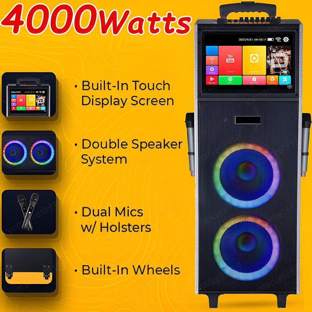 4000W Dual 10" Woofers 14.1'' Touchsreen Karaoke Machine Portable Bluetooth Speaker 2 Wireless Mic