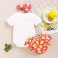 thumbnail image 3 of OLLUISNEO Infant Baby Girls Summer Outfits Set Short Sleeve Lemon Print Romper Top + Ruffle Shorts + Headband Baby Girl Shorts Set 12-18 Months, 3 of 8