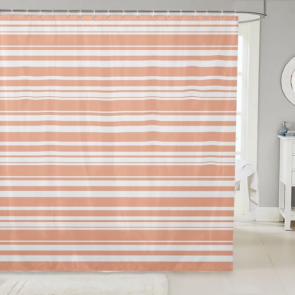 Striped Shower Curtain Peach and White Waterproof Fabric Bathroom Curtain with Hooks 71x71 inches