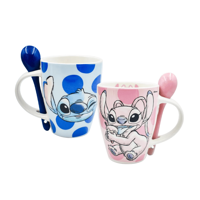 Set Tazas Stitch & Angel Disney Original Cerámica Con Cuchara, Color Rosa, Azul