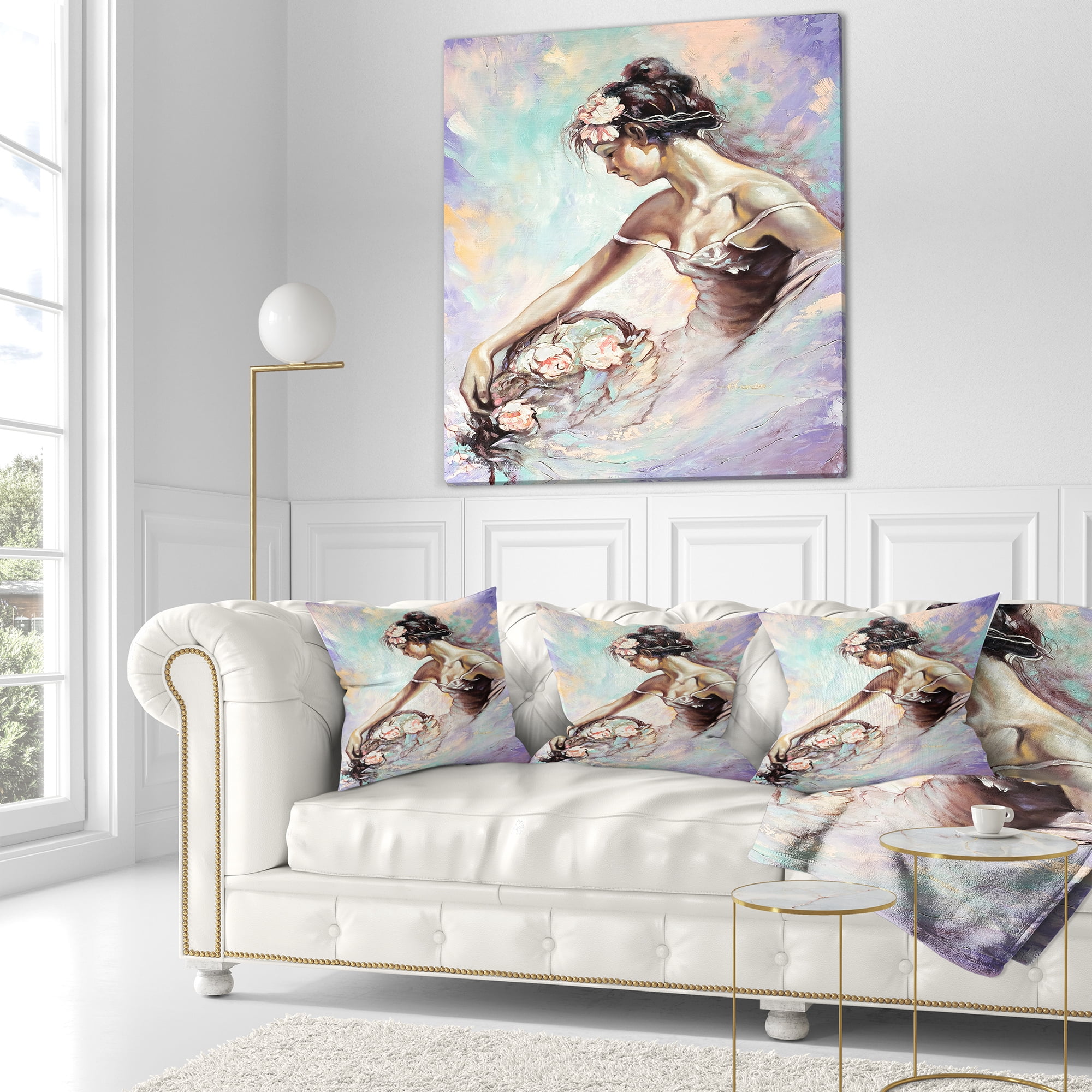 Designart Girl with Flower Bouquet - Floral Throw Pillow - 16x16