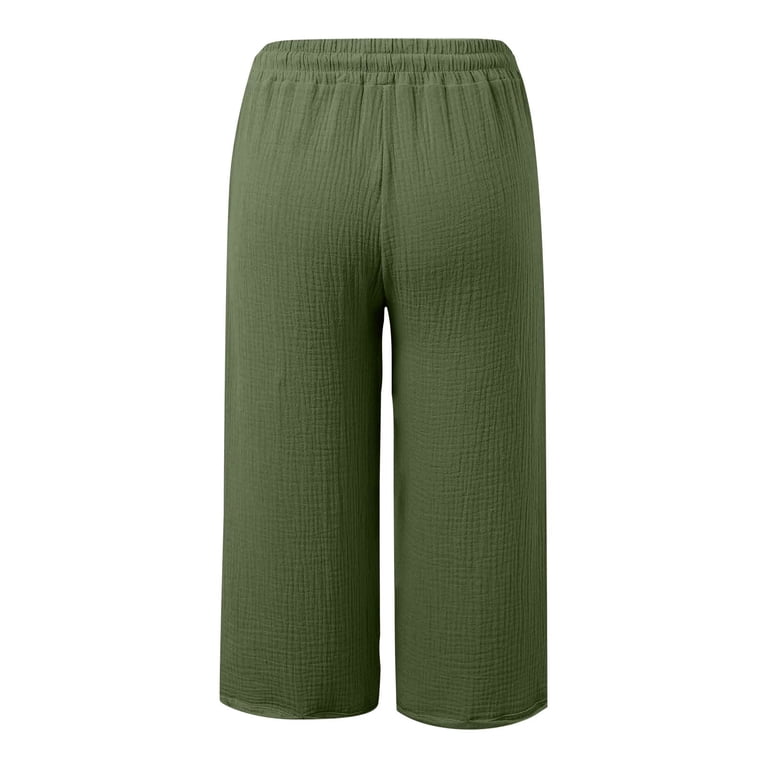 Tianiyouqing Cotton Linen Capri Pants for Women Short Wide Leg